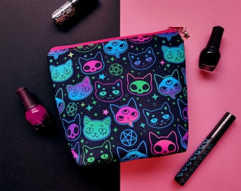 Mini pochette avec des chats d'Halloween, petite trousse de maquillage, trousse de beauté, trousse de voyage, trousse de maquillage magique ésotérique