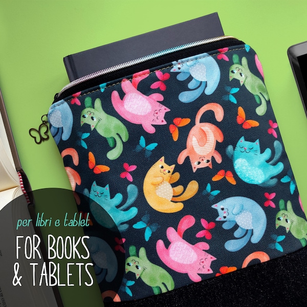 Book sleeve with zipper and rainbow cats, iPad Mini pouch, manga sleeve, tablet case for Nook Color Kobo Aura One Galaxy Lenovo Tab