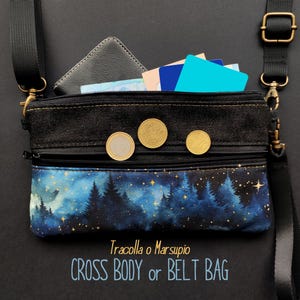 Cartera de tela con diseño de bosque y estrellas, riñonera de tela negra para mujer, bolso de hombro o de muñeca, tarjetero con cremallera
