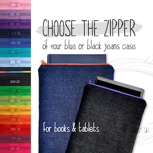 Denim book sleeve with zipper, pouch for iPad Mini 7, Onyx Boox Tab Mini C, Kobo Aura One, jeans case for tablet Samsung Galaxy Tab Lenovo