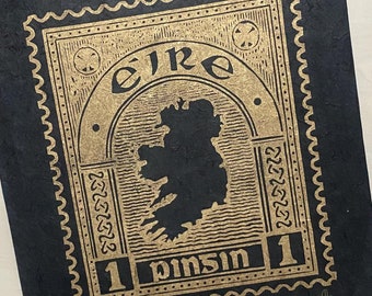 1 P 1923 Irish Stamp Linocut Print - GOLD VARIANT