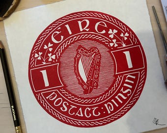 1d Postal Stationery Envelope Stamp Linocut