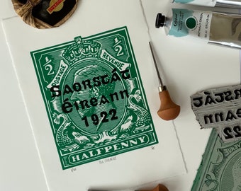 Sello de sobreimpresión de medio penique de Saorstát Éireann - Impresión Linocut