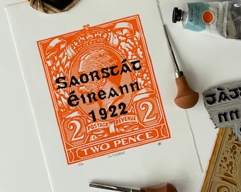 Sello de sobreimpresión de dos peniques de Saorstát Éireann - Impresión Linocut