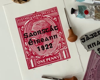 Saorstát Éireann One Penny Overprint Stamp - Linocut Print