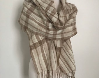 Handwoven lambswool scarf, in natural, beige and caramel tones. This wrap has been woven by me, Jac, in my little island studio.