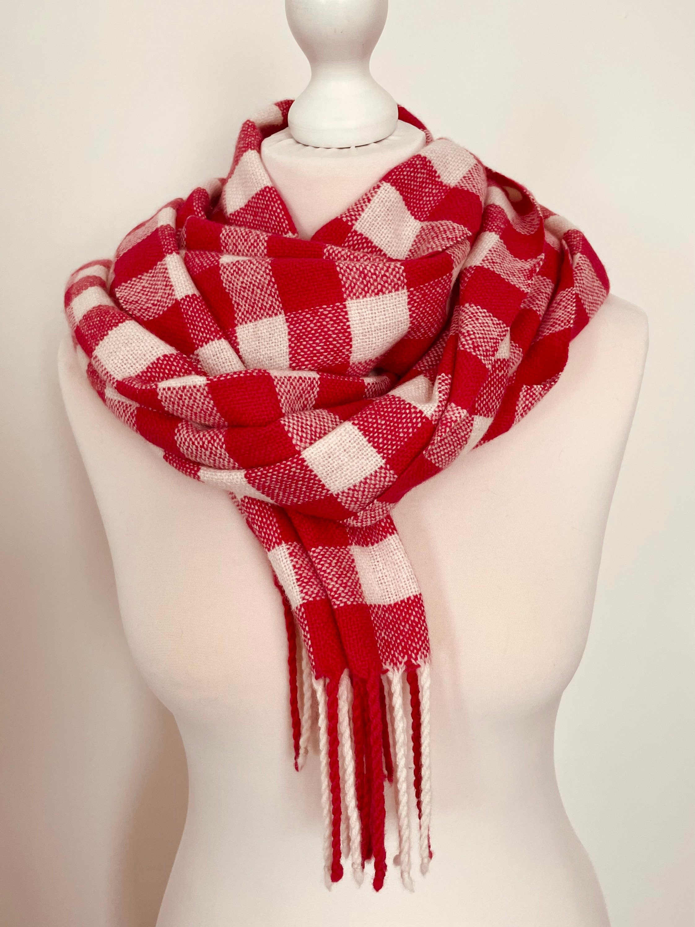 Handwoven raspberry pink lambswool gingham scarf.