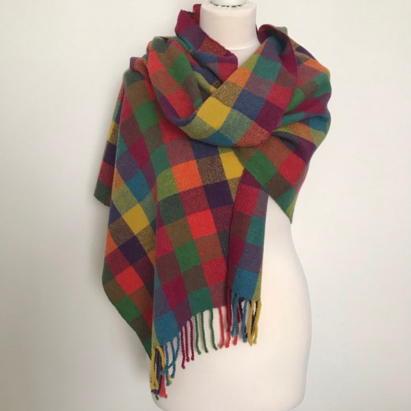 Handwoven Lambswool Scarf, Rainbow Check Pattern.