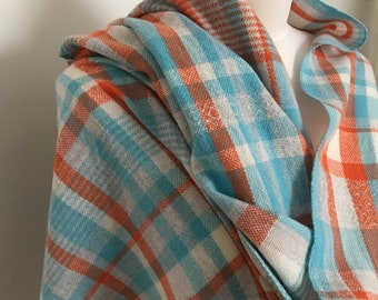 Handwoven lambswool scarf in fresh tones of blue and orange