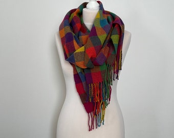 Handwoven Lambswool Scarf, Rainbow Check Pattern.