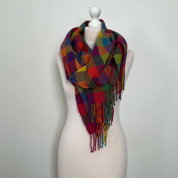 Handwoven Lambswool Scarf, Rainbow Check Pattern.