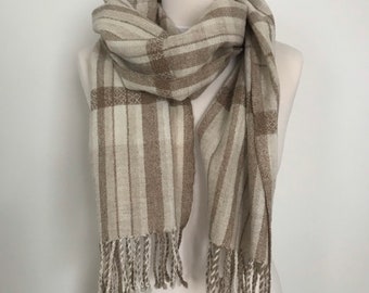 Handwoven lambswool scarf in beige, natural and caramel colours. This wrap has been woven by me, Jac, in my island studio.