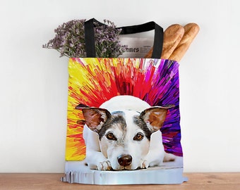 Dog Tote Bag Personalize with photo of your dog - Cartoon Style Portrait on a Colorful Art background