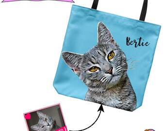 Custom Cat Tote Bag Personalized with photo of your Cat in a Cartoon Style, Gifts for Cat Lovers,