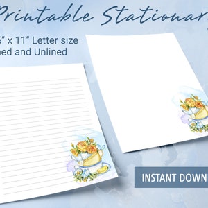 Papel rayado para papelería imprimible con motivos florales, papel para escribir imprimible, flor floreciente en una taza, papel para escribir cartas, bloc de notas personalizado