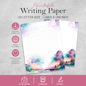 May include: Printable writing paper in US Letter size, lined and unlined. The design features a watercolor landscape with trees and colorful accents. Includes icons for instant download, print at home, and letter writing.