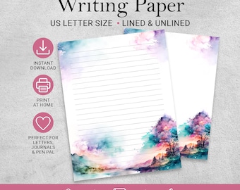 Printable Stationery lined paper with magical beautiful watercolor mountain scenery and sea, Printable Writing Paper,  Goodnotes template