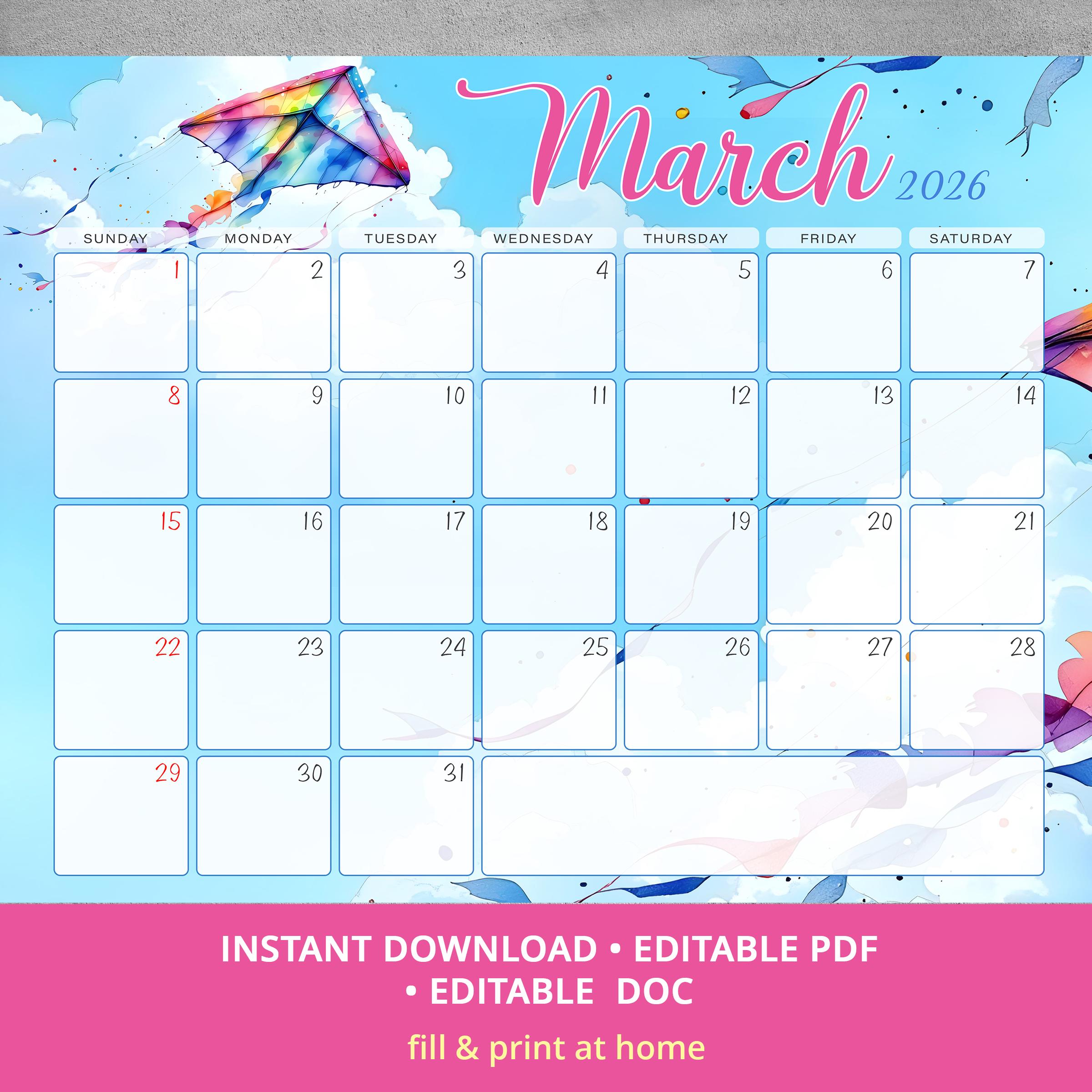 Editable March 2026 Calendar, US Letter Monthly Planner, PNG PDF Doc ...