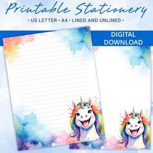 Papel rayado imprimible con diseño de unicornio, lindo papel para escribir cartas, tamaño A4 y carta de EE. UU., plantilla de Goodnotes, licencia comercial