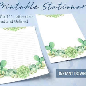 Papel rayado imprimible con suculentas florales, papel para escribir imprimible, ramos de acuarelas con suculentas, plantilla de Goodnotes