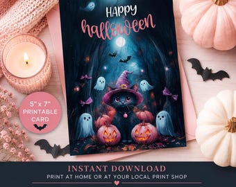 Printable Halloween Card with a Black Cat Witch, Cute Spooky Greeting to Mail
