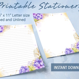 Papel rayado para papelería imprimible con motivos florales, papel para escribir imprimible con hortensias moradas en acuarela, plantilla de Goodnotes