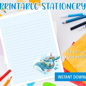 Papelería imprimible para niños, escritura de cartas imprimible con lindas ballenas de dibujos animados de acuarela, papelería linda