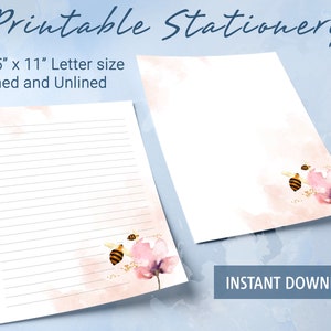 Papel rayado imprimible con abejas y flores, papel para escribir imprimible, plantilla de Goodnotes
