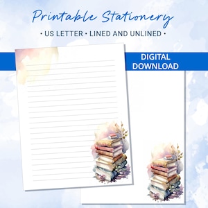 Printable Stationery lined paper, Printable Writing Paper with a stack of watercolor books, Letter Writing Paper, Personalized notepad