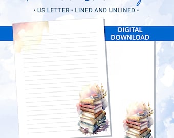 Printable Stationery lined paper, Printable Writing Paper with a stack of watercolor books, Letter Writing Paper, Personalized notepad