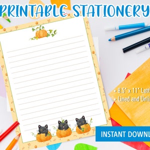Lindos artículos de papelería de Halloween para imprimir para niños, cartas para imprimir con divertidos gatitos negros de acuarela en calabazas naranjas