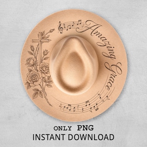 May include: A beige fedora hat with a decorative brim featuring a cross, roses, musical notes, and the words "Amazing Grace." The hat has a classic teardrop crown and a wide brim. The text "ONLY PNG INSTANT DOWNLOAD" is at the bottom.