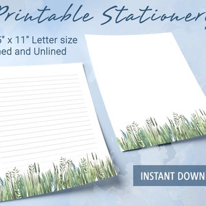 May include: Two printable stationery sheets with a green grass border. The sheet on the left has lines and the sheet on the right is blank. The text "Printable Stationery" and "8.5" x 11" Letter size" and "Lined and Unlined" is at the top of the image. The text "INSTANT DOWNLOAD" is at the bottom of the image.