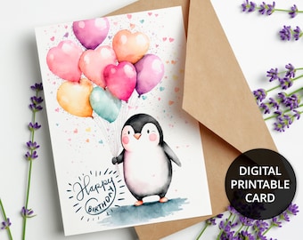 Printable birthday card with a cute penguin and bunch of heart balloons, Digital Birthday Card from penguin, 5x7 Greeting Card, Digital card