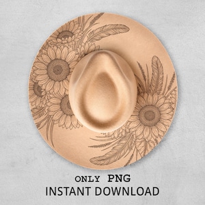 Chapeau tournesols, motif pyrogravé fleurs bohèmes & plumes, PNG PDF