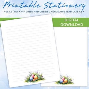 Papel de carta imprimible con fondo de Pascua, papel de carta imprimible con texto Feliz Pascua, plantilla Goodnotes, incluye plantilla de sobre