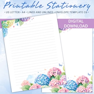 Papel de papelería imprimible floral con hortensias, papel para escribir cartas, tamaño A4 y carta estadounidense, incluye plantilla de sobre, licencia comercial