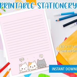 Kawaii Stationery Printable for kids, Printable Letter Writing with cute cat kitten, cute stationary image 1