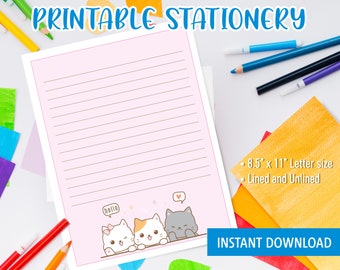 Kawaii Stationery Printable for kids, Printable Letter Writing with cute cat kitten, cute stationary