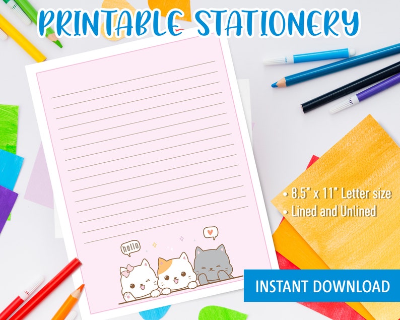 Kawaii Stationery Printable for kids, Printable Letter Writing with cute cat kitten, cute stationary image 1