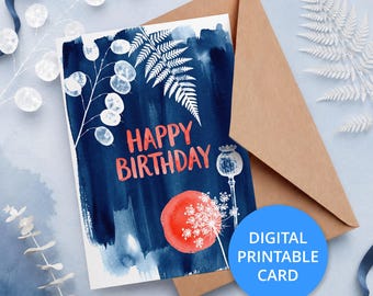 Botanical Birthday Card with Indigo Cyanotype Ferns, Printable and E-Card