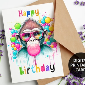 Cartão de aniversário para impressão, cartão de feliz aniversário com macaco engraçado em óculos de arco-íris e bolhas, cartão de felicitações 5x7, DOWNLOAD DIGITAL