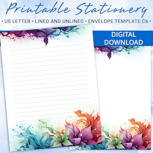 Papel de carta imprimible con flores de arcoíris, papel de carta imprimible, plantilla de Goodnotes, incluye plantilla de sobre