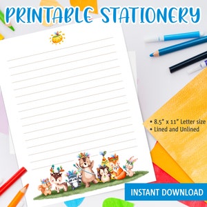 Papelería imprimible para niños, papel de carta imprimible con ilustración en acuarela de animales tribales del bosque, plantilla de Goodnotes