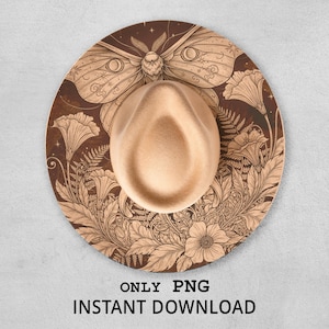 May include: A tan fedora hat with a brown brim featuring a detailed engraved design of a moth, flowers, and foliage. The hat is centered on a light gray background. The text "ONLY PNG INSTANT DOWNLOAD" is at the bottom.