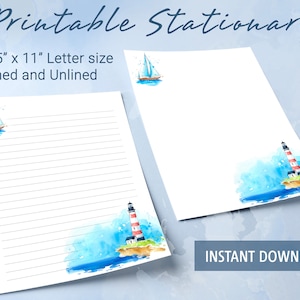 Papelería imprimible, faro de acuarela junto al mar, papel de escritura imprimible, juego de escritura, bloc de notas personalizado