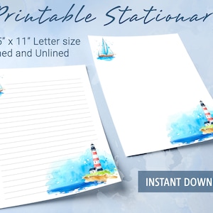 Printable Stationary, Watercolor lighthouse at the seaside  Printable Writing Paper, Writing Set, Personalized notepad