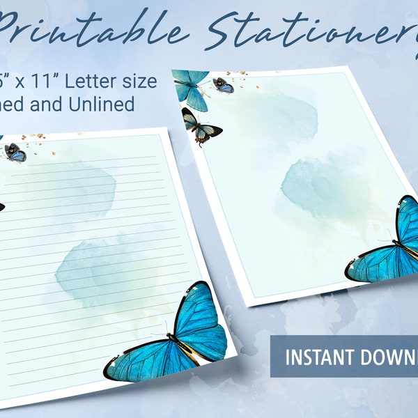 Butterfly Printable Stationery,  Letter Writing Stationery,  Lined and Blank Paper,  Goodnotes template