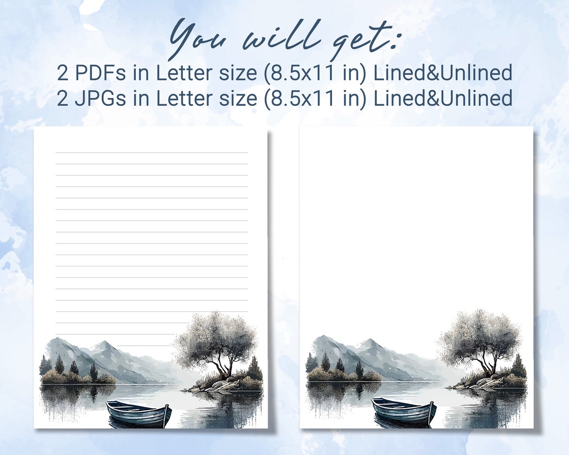 Printable Stationery Lined Paper With Lonely Boat Surrounded by Green Landscape, Printable ...