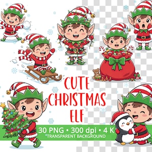 May include: A collection of cartoon Christmas elves in various poses. The elves wear red and green outfits with striped hats and scarves. One elf is throwing a snowball, another is on a sled, and others are holding a Christmas tree and a penguin.
